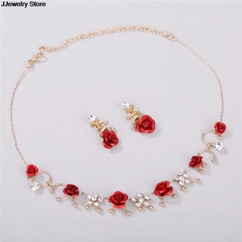 New Women Elegant 1 Pair Ear Clip+1 Necklace Red Flower Casual Dress Accessory Fashion Alloy Ear Clip Neckless Jewelry Set
