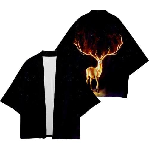 Plus Size XXS-6XL Black Elk Print Loose Japanese Streetwear Cardigan Women Men Harajuku Haori Kimono Cosplay Top Yukata Clothes