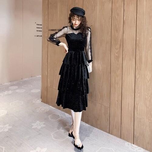 Vintage Velvet Cake Dress Women 2020 New Spring Elegant Temperament Sequins Splicing Mesh High Waist Thin Black Vestidos Female