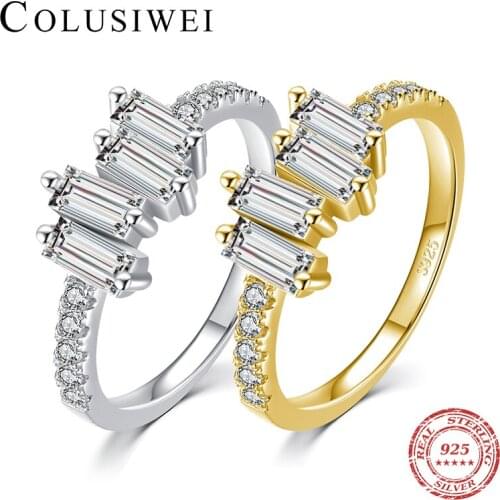 Colusiwei Genuine 925 Sterling Silver Geometric Cut Rectangle Zirconia Irregular Ring for Women Bride Wedding Bands Ring Jewelry