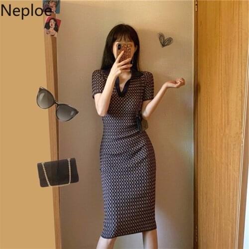 Neploe 2021 Vestidos De Mujer Korean Temperament Knitted Dress Summer Sexy Robe Slim Fit Bodycon Plaid Dresses for Women 96280