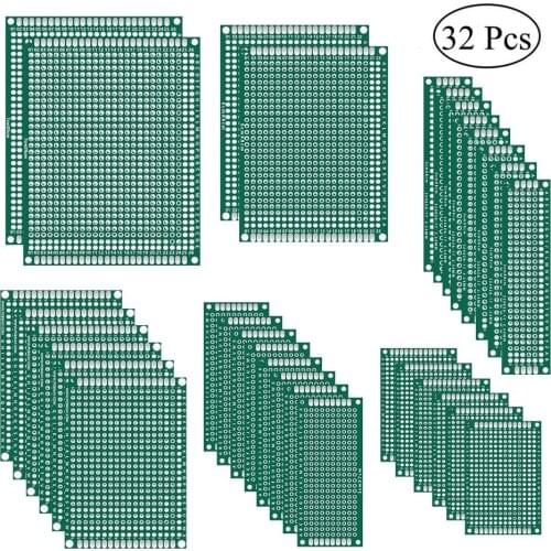 32 Pcs Double Sided PCB Board Prototype Kit 6 Sizes Universal Printed Circuit Protoboard for DIY Soldering Project for Arduino