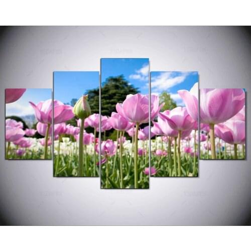 5 panel modern pink and purple flowers hd Art print canvas art wall framed paintings for living room wall picture kn-437