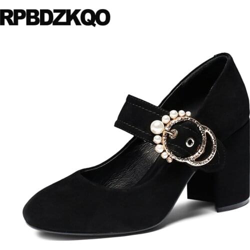 Black Fashion 2017 Pumps Peach Suede Metal Square Toe Block Mary Jane Pearl High Heels Shoes Women Size 4 34 3 Inch Diamond