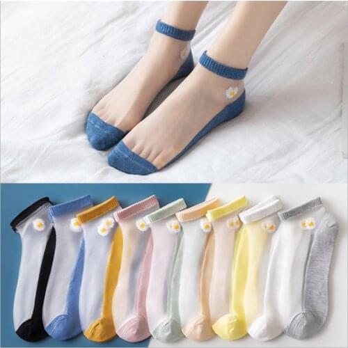 5 pairs of spring/summer style Daisy glass stockings hot style thin cotton bottom silk stockings transparent crystal boat socks