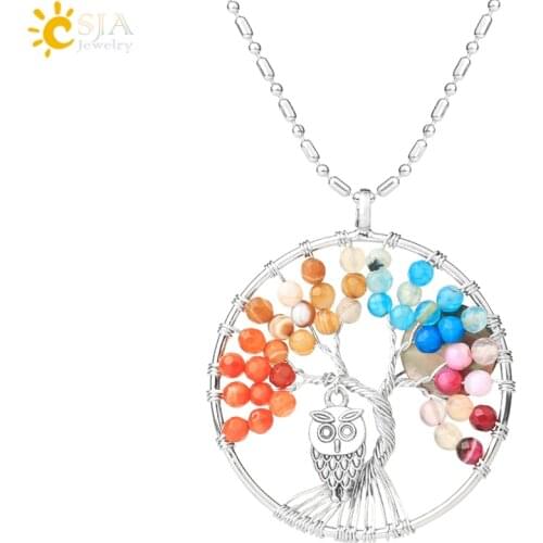 CSJA 7 Chakra Tree of Life Pendant Necklace Colorful Faceted Natural Agates Beads Owl Abalone Shell for Woman Reiki Jewelry F308