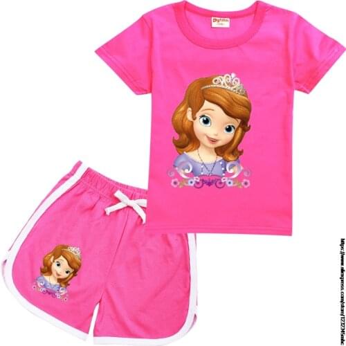 Disney Sofia Princess Childrens Short Sleeve Set Summer Kids Round Neck T-Shirt + Elastic Shorts Girls Sports Set Kids birthday