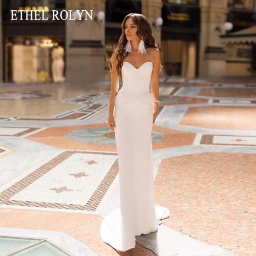 ETHEL ROLYN Mermaid Wedding Dress 2021 Charming Sweetheart Beading Feathers Bride Backless Stretch Satin Sleeveless Bridal Gown