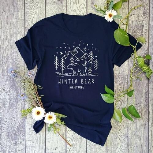 Winter Bear Graphic Tumblr T-Shirt hipster Casual 100% Cotton 90S Bear Vintage Kawaii Grunge Tops Star Harajuku art Tees Outfits