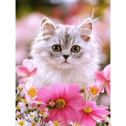 5D DIY Diamond Painting Animal Picture White Cat and Red Flower Picture Square/Round Diamond Cross Stitch Decoration Art WG3045