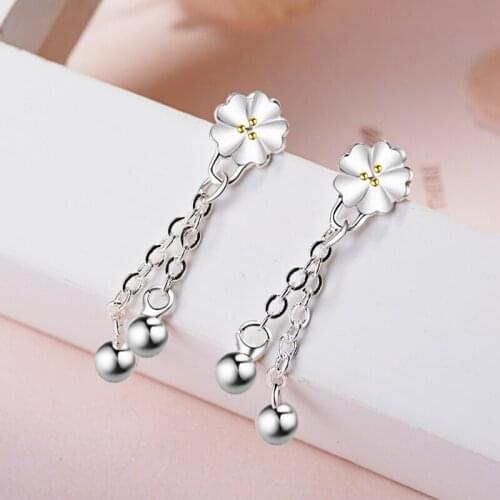 KOFSAC New Fashion Plum Flower Chain Bead Earring 925 Sterling Silver Stud Earrings For Women W Party Jewelry Girl Gifts