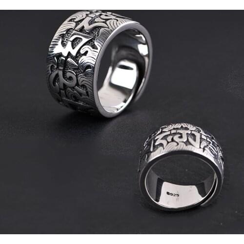 Genuine 925 Six Word Ring For Men Big Wide Open Rings Buddha Clear Engraved Vintage Male 925 Silver color Fine Jewelry