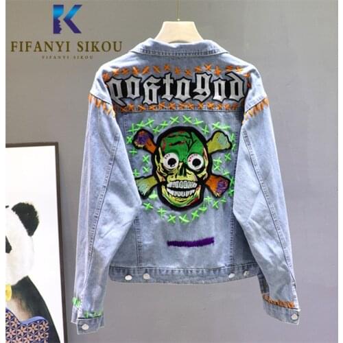 Spring Womens Hip hop Denim Jacket Skulls Embroidery Lace up Loose Jeans Jacket Women Harajuku Jeans Coat Fashion Outwear Top