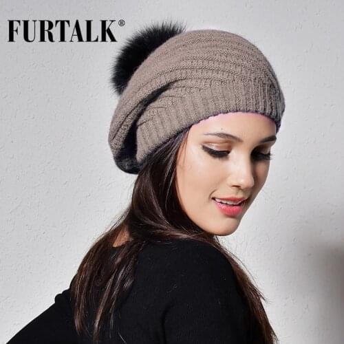 FURTALK Winter Beret Hat for Women Angola Rabbit Fur Hat Ladies Warm Pompom Hat Knit Beanie for Female girls beret femme