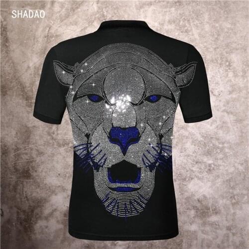 Brand Men Polo Shirt Men Short Sleeve Quality100% Cotton Street Casual Tops 3D Rhinestone Animal Print Plein Polo Sportswear