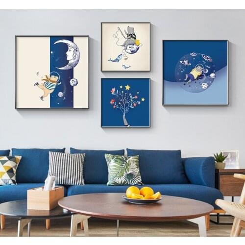 Nordic Mr Bear space travel cartoon canvas painting posters print decor wall art pictures for living room bedroom kindergarten