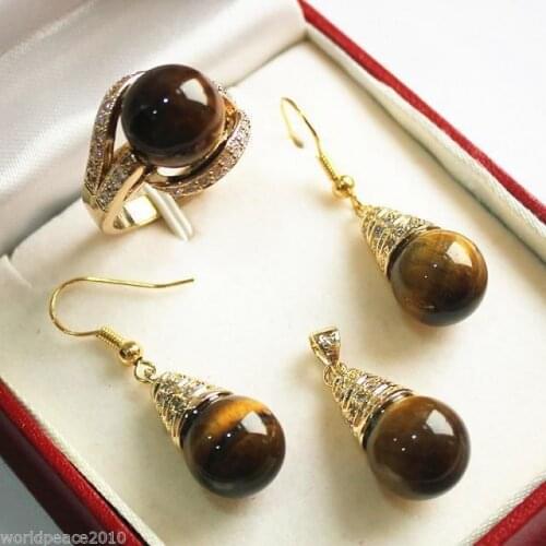 Jewelry tigers-eye pendant necklace. earring. ring set