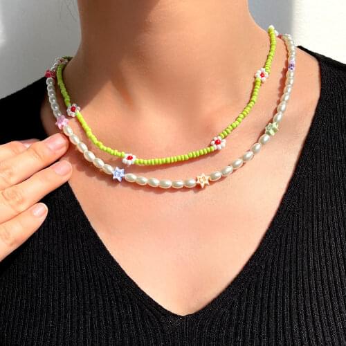 2 Pcs/Set Imitation Pearl Green Flower Beaded Necklace For Women Colorful Star Acrylic Seed Bead Strand Choker Bohemian Jewelry