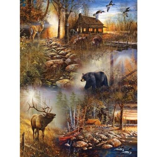 Full Square 5D Diy Diamond Painting Cross Stitch "Deer & Bear In Village" Diamond Rhinestone Mosaic Decor Painting Gift KBL