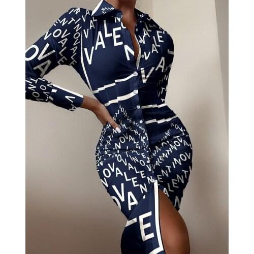 Printed Pattern Single Breasted Casual Fashion Womens Shirt Blouse Long Sleeve Lapel Slim Long Dress