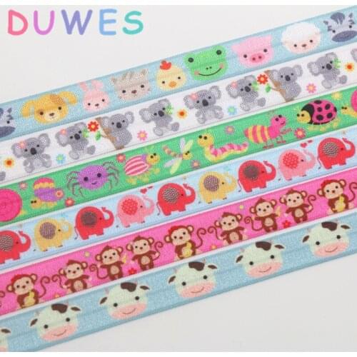 DUWES 5/8'' 50yards animals elephant koala pug printed Fold Elastic FOE stretch ribbon hairbow headwear headband DIY OEM D1064