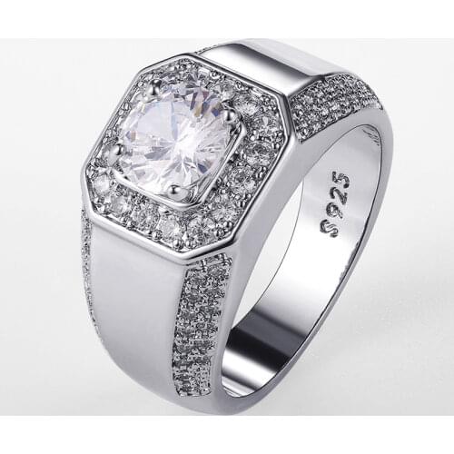 Luxury 925 Silver Men AAA Crystal Zircon Stone Wedding Ring Brilliant Noble Engagement Engage Party Rings with Stamp