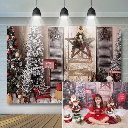 Christmas Photography Christmas Tree Wood Door Backdrop Snowfield Red Gift Boxs Photo Booth Gold Stars Decorations Photobooth