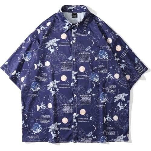 Cool Design Space Earth Print Blue Oversized Shirt Men Hip Hop Casual Summer Hawaiian Shirts Vintage Korean Clothes For Teens