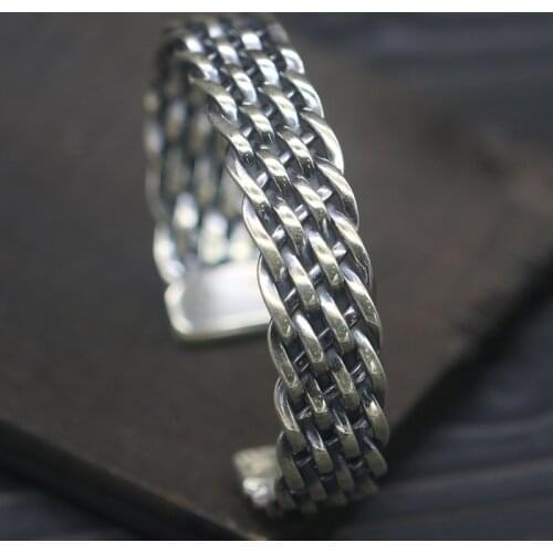 S925 Sterling Silver Chiang Mai Handmade Silver Compilation Rope Fashion Men And Women Retro Thai Silver Open Ended Bangle