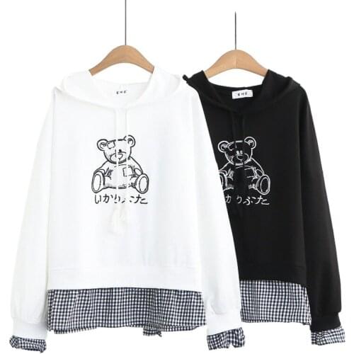 Spring New Sweet Style Girl Hooded Sweatshirt Women Cartoon Print Hem Stitching Plaid Student Loose Cotton Tracksuit Top 2112653