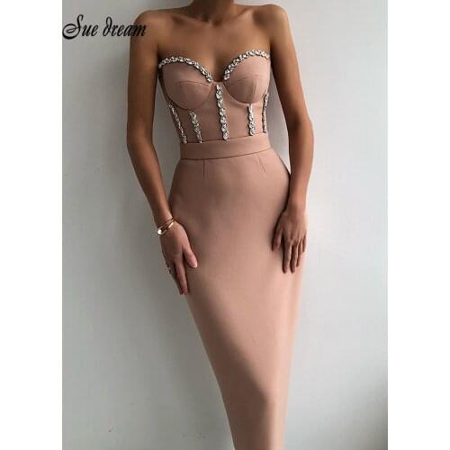 High Quality Sexy Tube Top Strapless Crystal Decorated Bodycon Bandage Dress Fashion Celebrity Club Party Dress Vestido