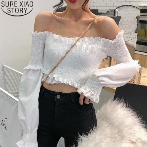 2021 Spring New Slash Neck Spliced Sleeve Short Blouse Women Sexy Long Sleeve Blouses Blusas Mujer De Moda Ruffles Tops 13308