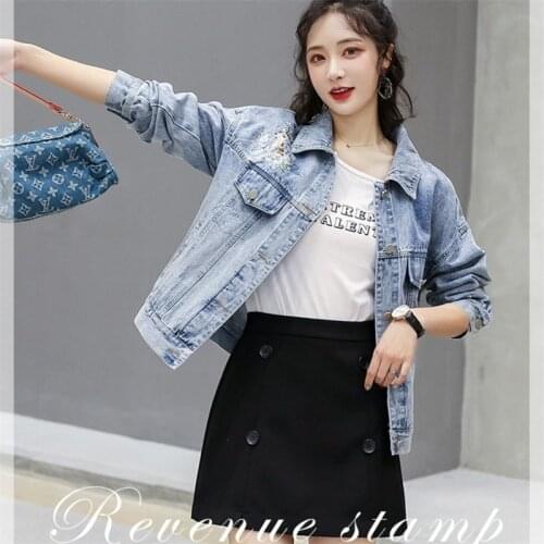 Vintage Light Blue Denim Jacket Embroided Woman Spring Autumn Crop Top Fall Coat Korean Fashion New Full Sleeve Female Hot