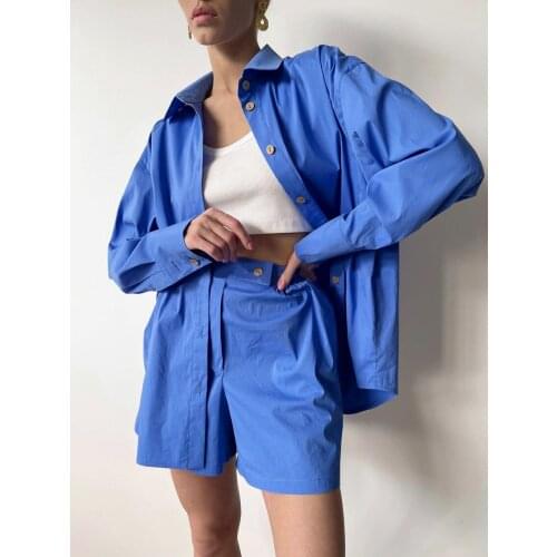 2 Pieces Women Suit Sets Fashion Solid Color Turn-Down Collar Long Sleeve Single-Breasted Shirt+ Shorts for Ladies Outfits