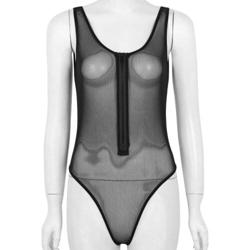 TiaoBug Women Black See Through Sheer Mesh Lingerie Sleeveless Zipper High Cut Teddies Bodystockings Plus Size Hot Sexy Bodysuit