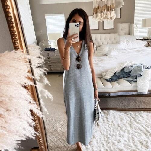 Womens Summer Long Dress Loose Sexy Spaghetti Straps Sleeveless Solid Color Maxi Dress Casual Beach Dresses
