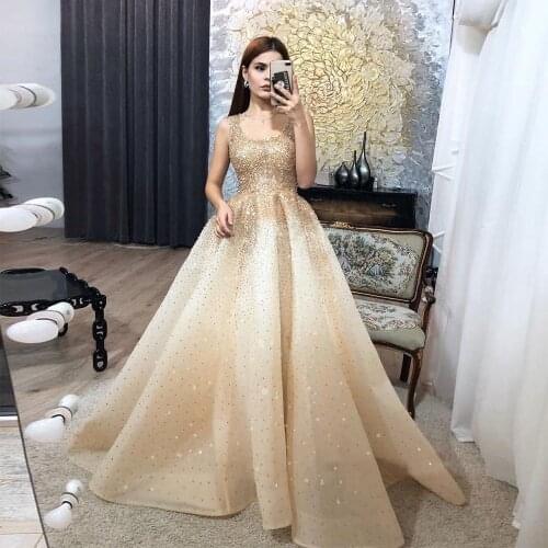Luxury Dubai A-Line Evening Dress for Women 2020 Full Crystal SleevelessFormal Party Gown