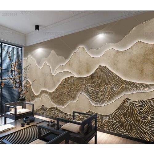 3D new Chinese art RETRO mood abstract gold line ink landscape painting mural background wall bedroom living room TV wallpaper
