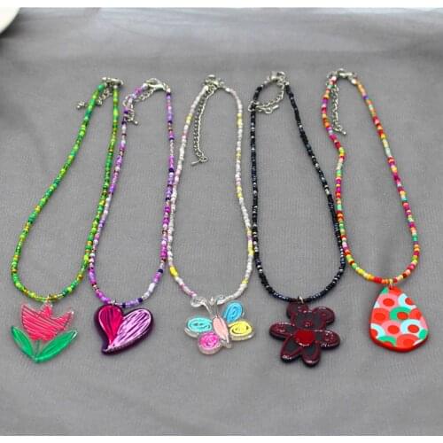Bohemian Colorful Beads Chain Acylic Flowers Fruit Lovely Statement Pendant Fashion Choker Necklace Jewelry Women Accessories