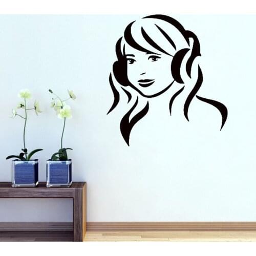 Girl In Headphones Listening To Music Wall Sticker Home Decor Art Mural Music Room Interior Design Children Kids Room Wall Decal