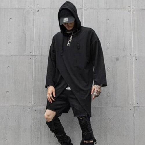 Spring autumn nightclub DJ singer hip hop punk rock hooded t shirt long jacket mens irregular design streetwear hoodie