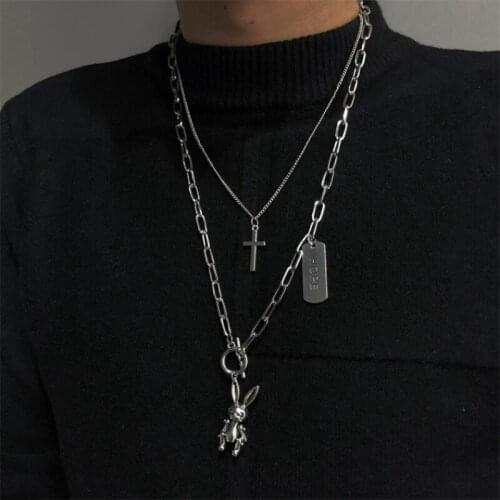 Ins multi-layered hip hop female fashion cross necklace movable rabbit necklace pendant trendy personalized jumper chain