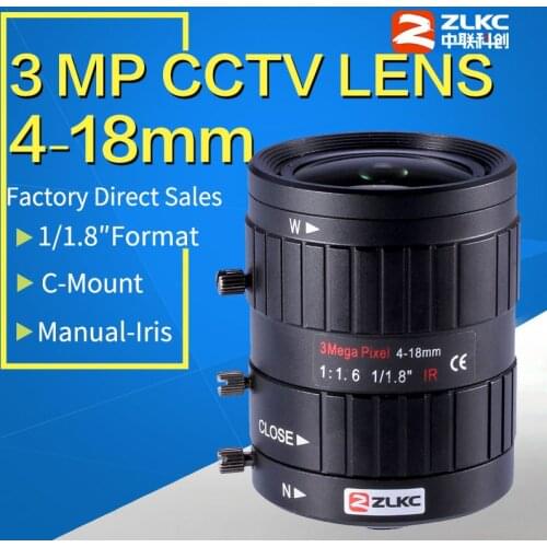 3.0 Megapixel Manual Iris Lens 4-18mm, 1/1.8" Varifocal HD 3MP FA C-Mount,lens for CCTV Surveillance cameras Industrial lens