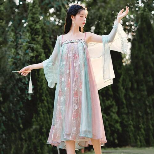 Chinese Tang Suit Hanfu Dress Chiffon Kimono Cardigan Embroidery Women Girls Short Dress Retro Fairy Vintage Ruffle Summer Set