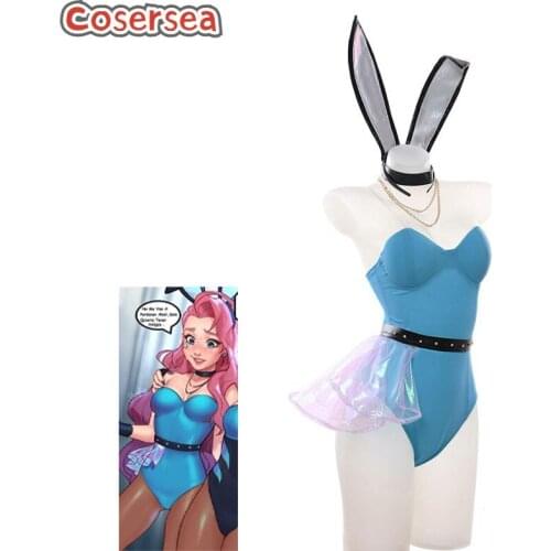 Cosersea LOL KDA ALL OUT Seraphine Bunnysuit Cosplay Costume Swimsuit Women Blue Jumpsuit Headwear Fullset