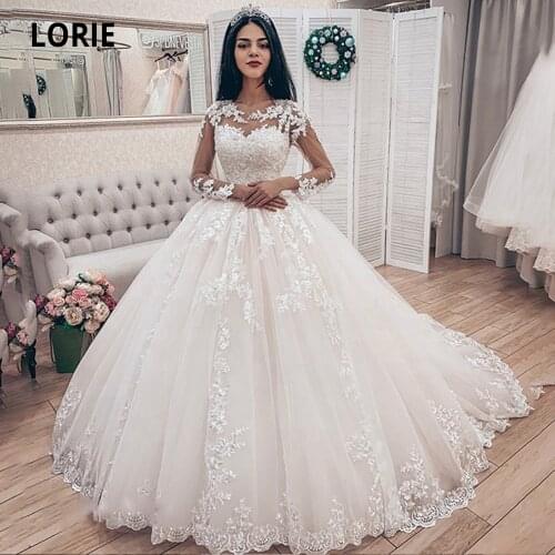 LORIE Long Sleeve Ball Gown Wedding Dresses Lace Appliques Bridal Gowns Princess Wedding Party Gowns Lacing Long Tail 2020