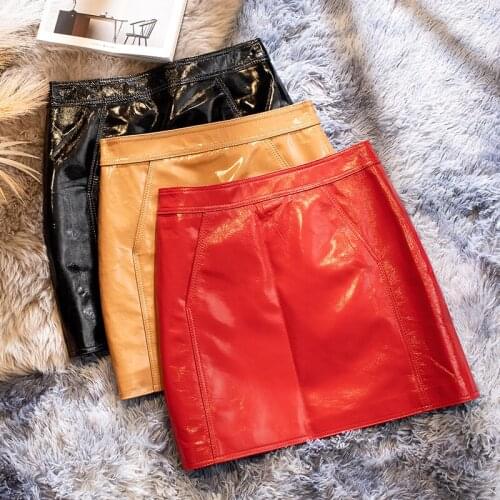 Fashion Female High Waist Skirts Summer 2021 Genuine Sheepskin Leather Skirts Slim Simple Mini Skirt Ropa Mujer Zjt2460