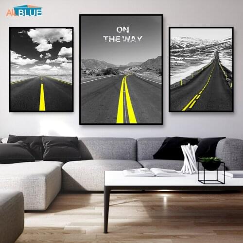 Nordic Posters And Prints Landscape Canvas Art Print Way Yellow line Wall Pictures For Living Room Black And White Decorative