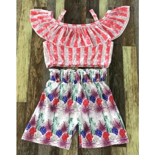 Baby Girl beach set with off-the-shoulder red stripe fireworks tight shorts