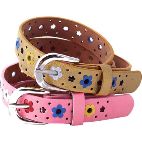 Child Hollow Flower Waistband Kids Cute Silver Buckle Belt Faux Leather Waist Belts Colorful Floral Apparel Belts Accessories